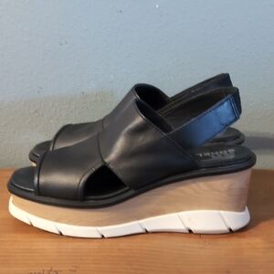 Sorel Black Leather Slingback Wedge Sandals with White Sole